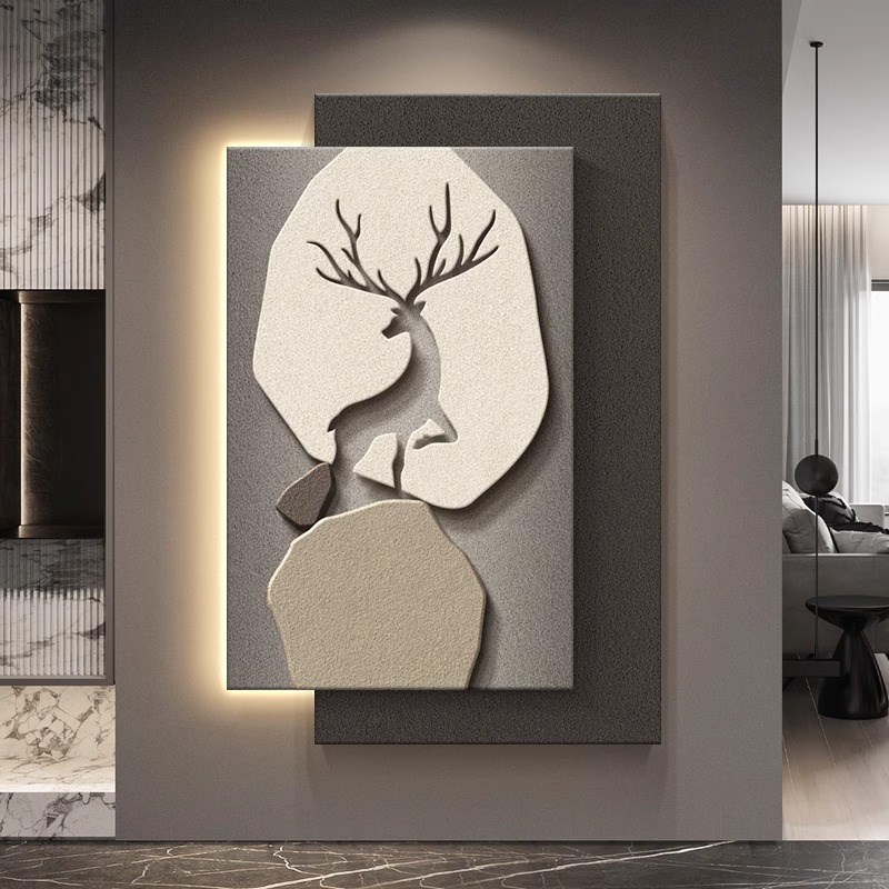 福鹿玄关带灯装饰画寓意好入户正对门挂画尽头走廊过道壁灯客厅画