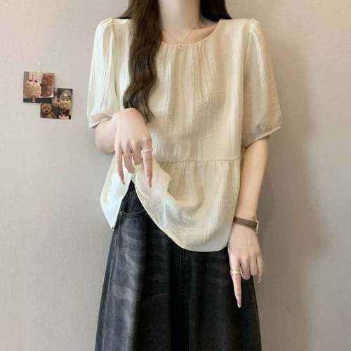 遮肚子正肩短袖雪纺衬衫女夏季新款大码胖妹妹宽松显瘦泡泡袖上衣
