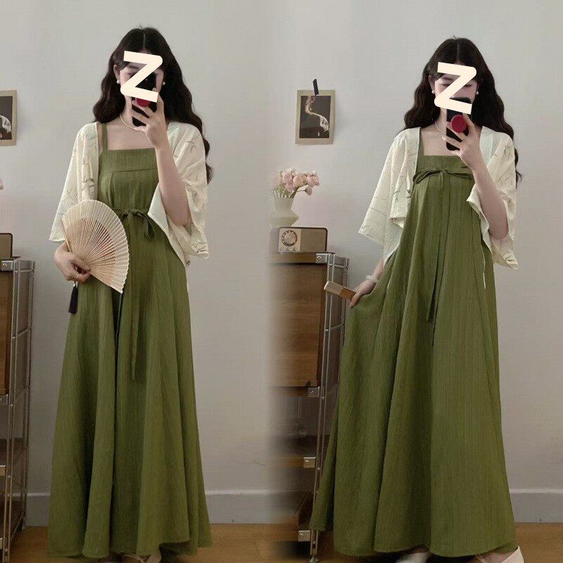 大码女装胖新中式超仙改良汉服过膝显瘦连衣裙国风开衫两件套装