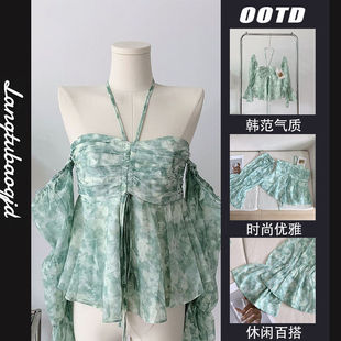 碎花上衣甜美挂脖小衫 女春夏季 定染露肩雪纺衫 超仙2025年春夏新款
