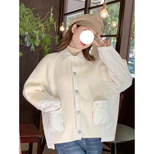 2025秋冬拼接棉服针织开衫女韩版宽松慵懒风毛衣外套潮慵懒通勤