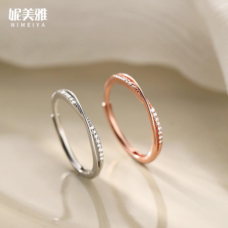 妮美雅925纯银交叉戒指女简约冷淡风轻奢高级感气质排钻开口指环