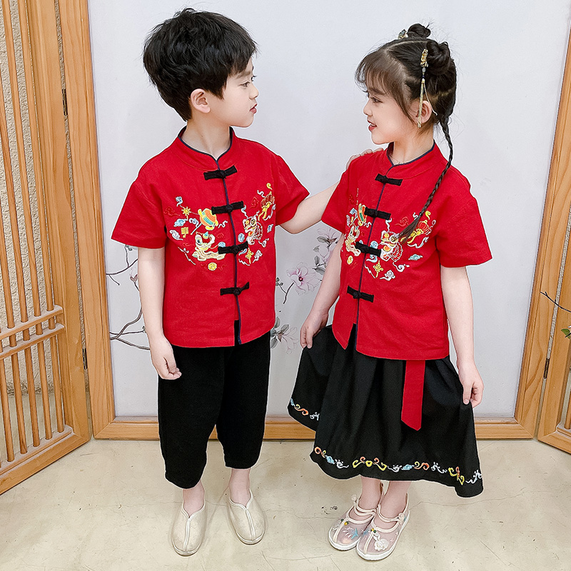 中国红儿童曹县汉服表演服套装夏装男女童演出服六一舞狮班服幼儿