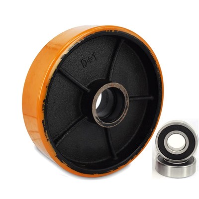 手动堆高机轮子手动液压车前轮配件浅灰色PU大轮配轴承组件