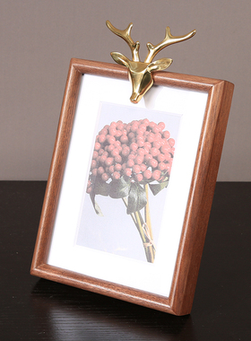 新中式胡桃木铜鹿相框摆件画框照片摆台书房样板间桌面装饰品摆件