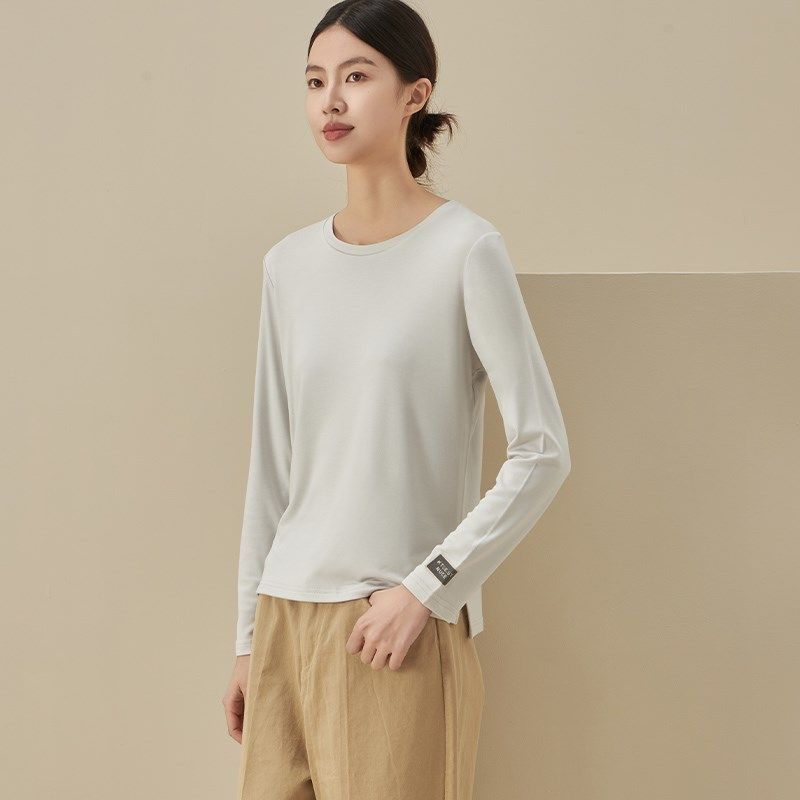 T恤衫女士2025春装新款简约圆领套头侧开叉打底衫修身长袖上衣服