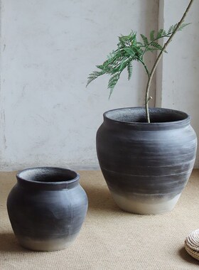 渐变黑水泥花盆落地大肚复古花盆龙舌兰蓝楹花室内客厅绿植盆简约