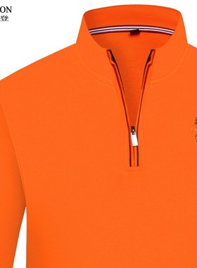 男士立领polo衫半拉链长袖t恤高领纯棉秋冬纯棉上衣男装橙色橘色