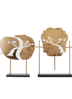 新中式金属迎客松扇子摆件样板房售楼处别墅展厅创意轻奢软装饰品