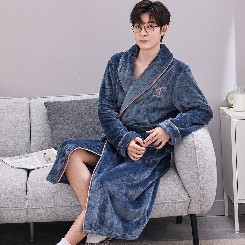 睡袍男秋冬季珊瑚绒加绒加厚法兰绒浴袍男款冬天大码长款睡衣晨袍