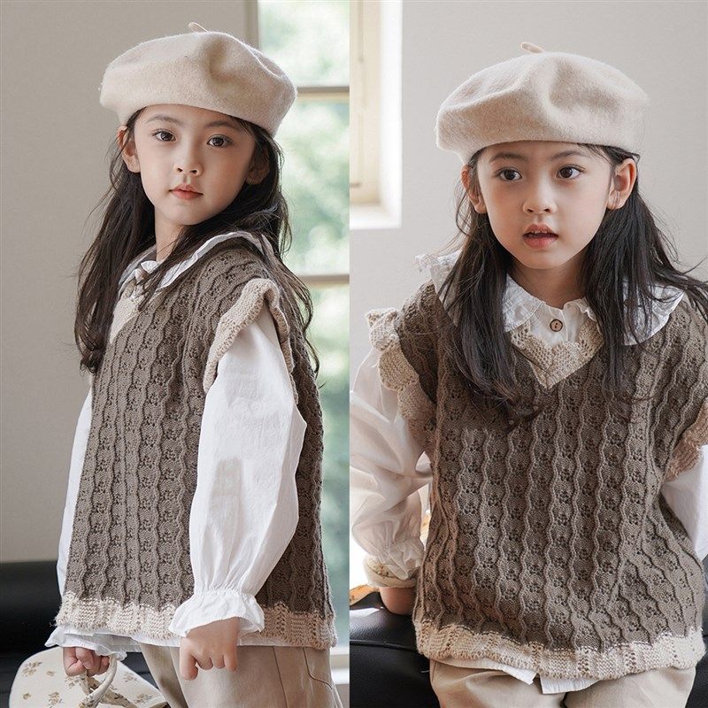 儿童针织马甲 女童V领套头宽松叠穿毛衣背心 中大童 秋冬款 童装