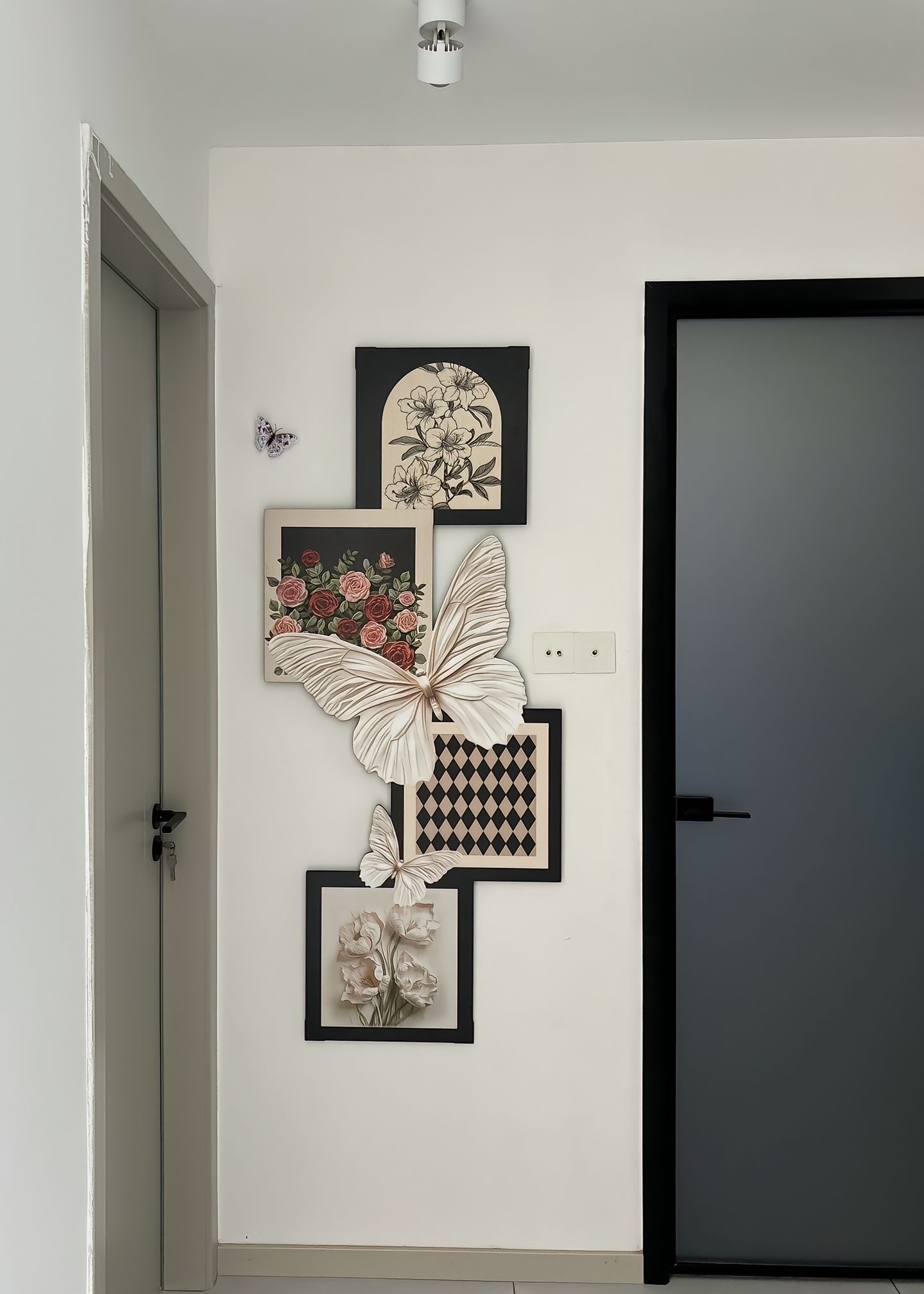 法式中古风入户玄关装饰画玫瑰蝴蝶竖版客厅挂画复古走廊过道壁画图片