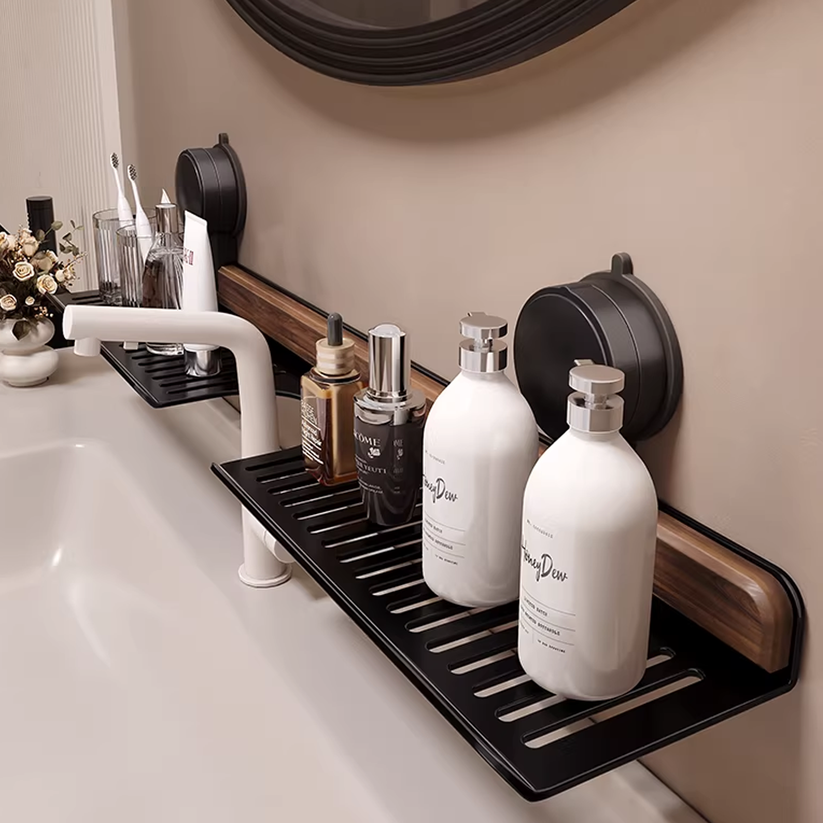 胡桃木卫生间高级感免打孔置物架吸盘式浴室洗漱台镜前壁挂收纳架,家庭/个人清洁工具,浴室角架/置物架,淘宝优惠券,粉丝福利购,淘宝优惠卷