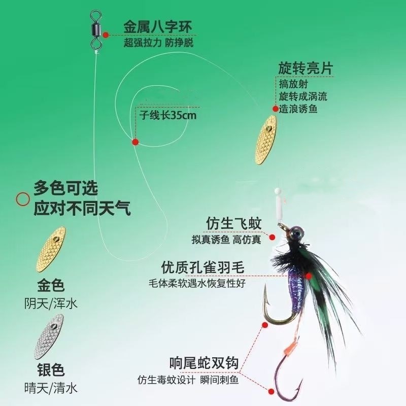 改装响尾蛇双钩绑好瓜子亮片套装成品双钩微物路亚白条马口飞蝇