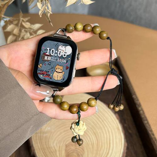 适用华为watchfit3表带fit2绿檀珠串珠new替换mini创意拉绳款腕带