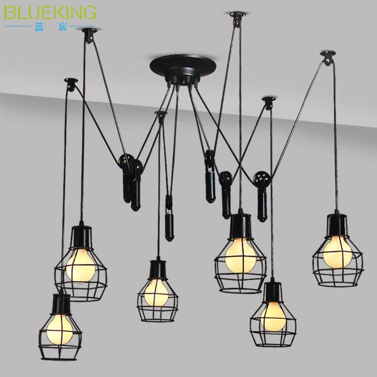 美式loft艺术客厅餐厅酒吧台升降滑轮复古工业小铁笼店铺装饰吊灯