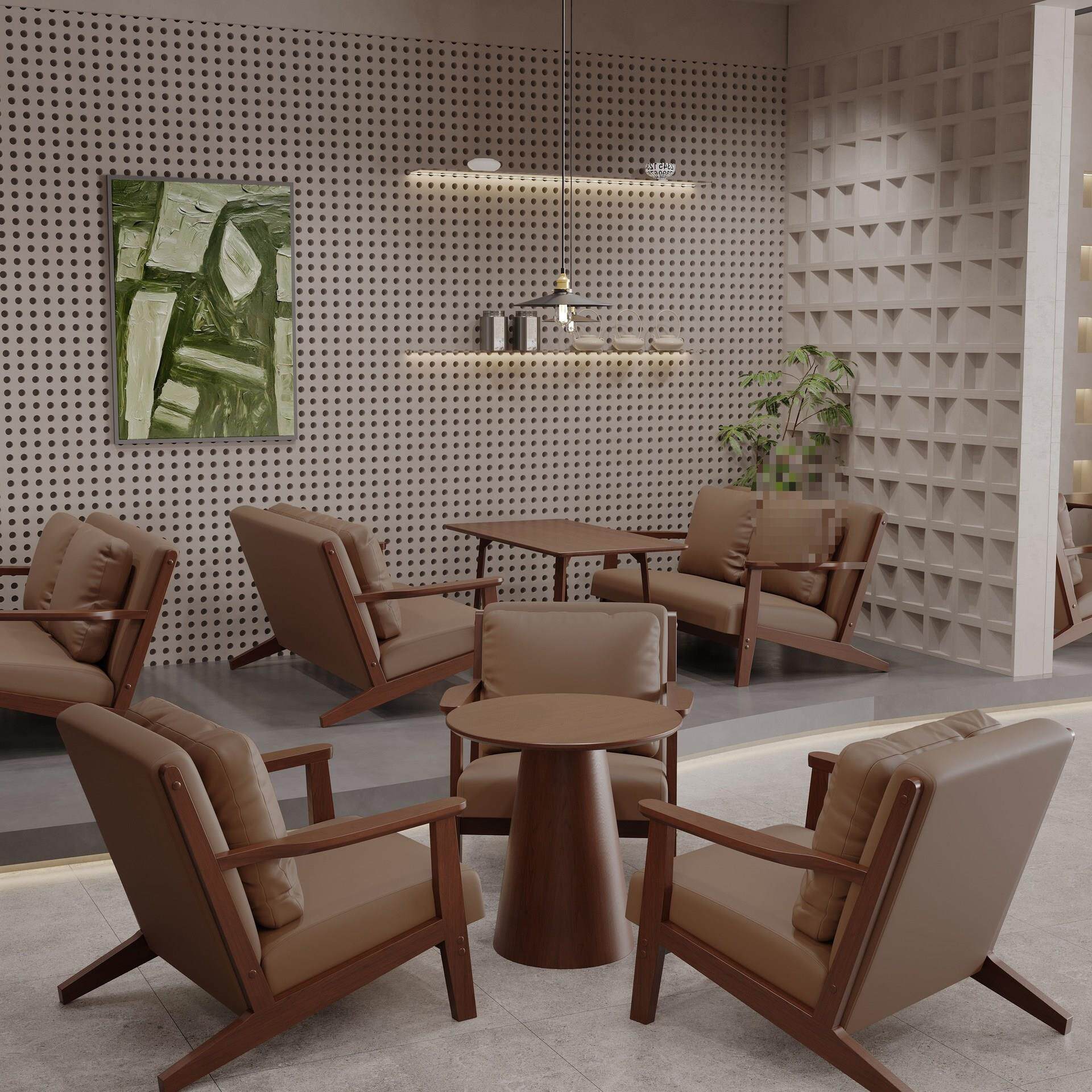 复古咖啡厅奶茶店实木纳帕皮单人沙发休闲洽谈卡座酒吧桌椅组p&omega;