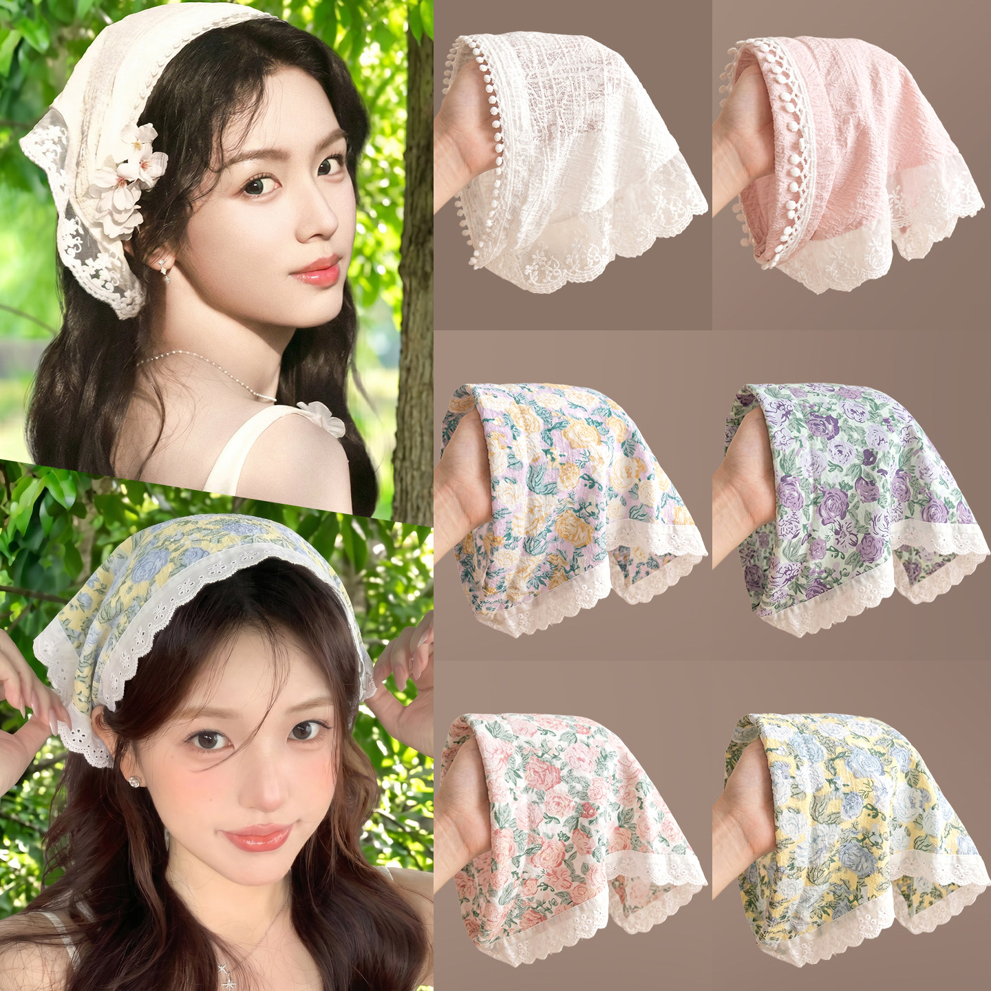 夏天田园风碎花蕾丝边发箍头巾一体女日常外戴三角巾海边拍照发饰