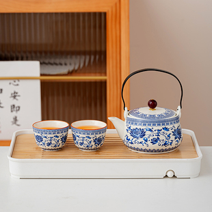 陶瓷家用一壶二杯茶壶茶杯简约现代新中式 小号提梁壶功夫茶具套装