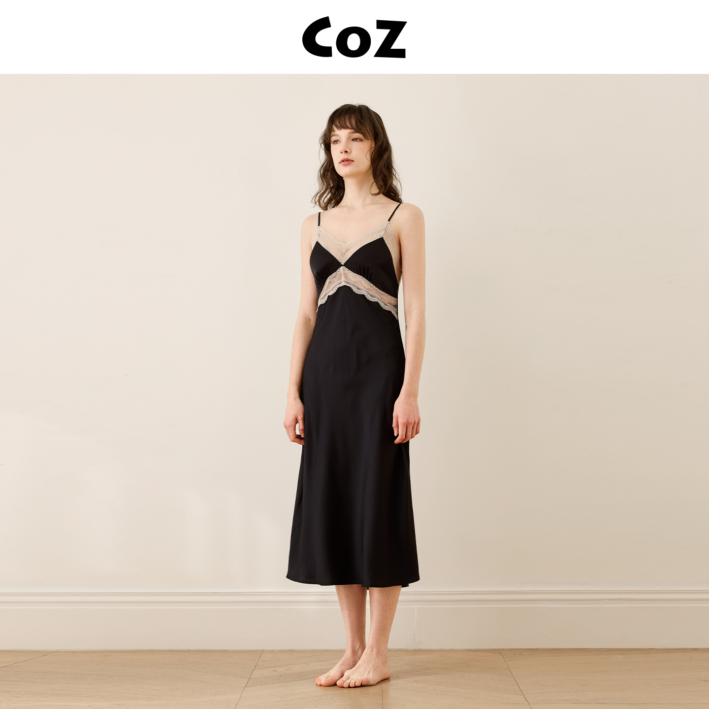 CoZ缎面蕾丝吊带裙长款睡裙法式轻奢黑色性感长裙家居服女款新品