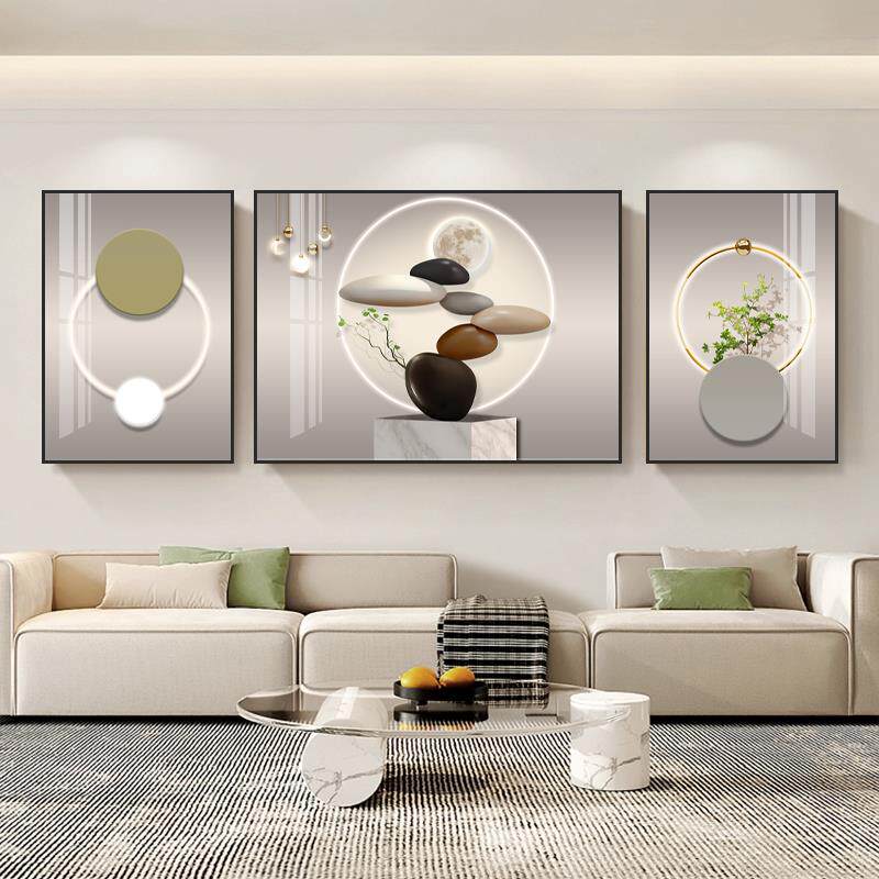 石来运转客厅装饰画现代简约沙发后面挂画大气背景墙三联壁画轻奢