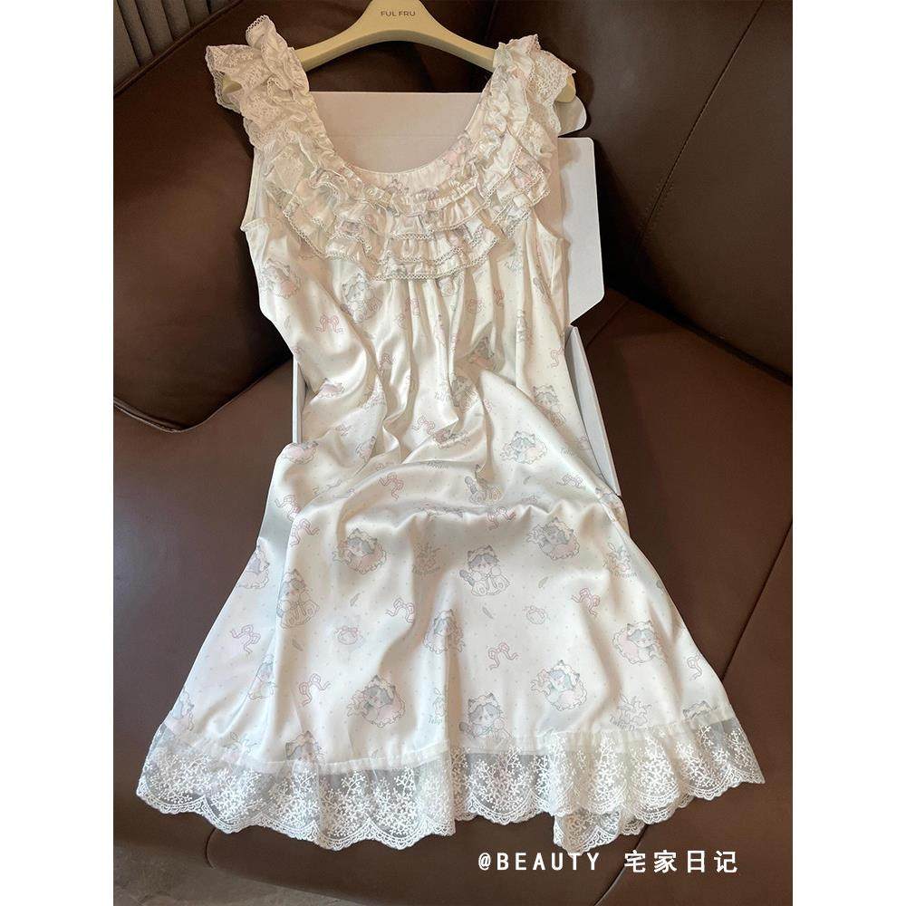 法式蕾丝花边冰丝吊带睡裙女夏季纯欲小猫印花背心连衣裙家居裙子