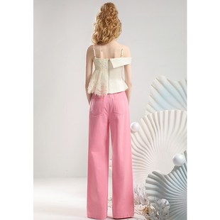 女 25年夏假两件背心粉色渐变钉珠阔腿牛仔裤 茬客甜酷个性 吊带套装