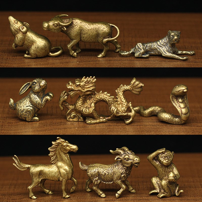 中式复古黄铜实心迷你12生肖鼠牛虎兔龙蛇马羊猴鸡狗猪小装饰摆件