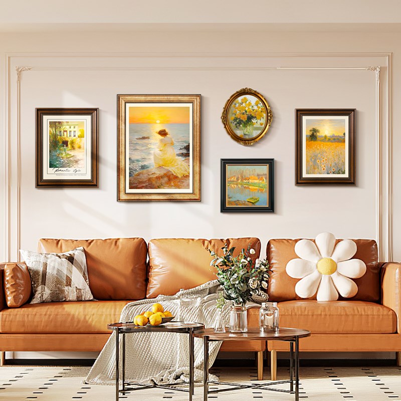 美式客厅装饰画法式组合挂画沙发背景墙壁画人物日出风景艺术复古
