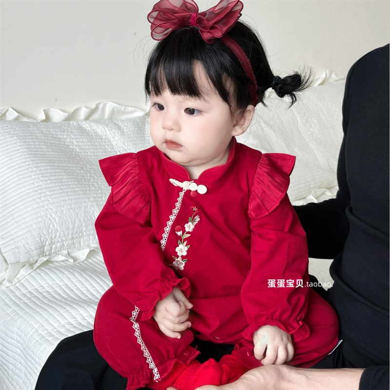 中式女宝宝秋装连体旗袍婴儿衣服公主超萌满月百天周岁礼服春秋季