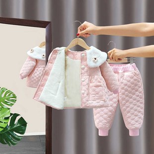 女宝宝秋冬款加绒加厚套装婴幼儿棉服女童冬装分体外套棉裤两件套