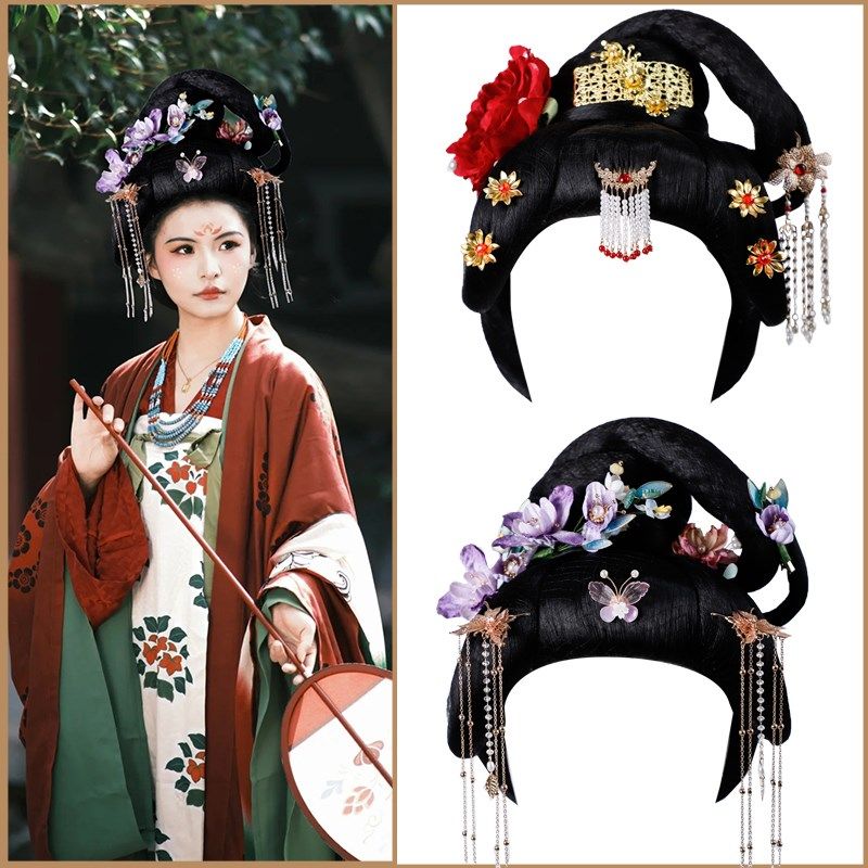 影楼宫廷风唐风贵妃假发头套饰品古风汉服发饰演出一体式假发套