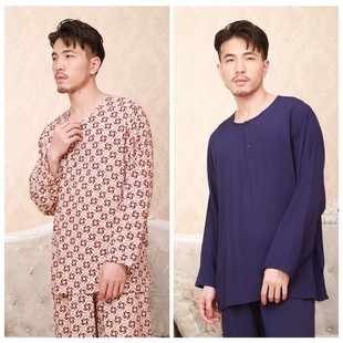 加大长袖 棉绸睡衣中老年外穿单衣单色花色薄款 圆领上衣 男士 春夏季