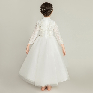 儿童晚礼服公主裙女童小礼服裙花童婚纱白色纱裙长袖洋气新款2023