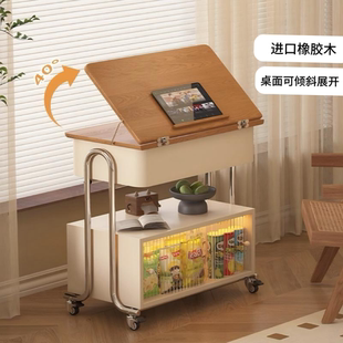 威展实木茶几折叠倾斜桌面家用沙发边几客厅移动小茶几多功能推车