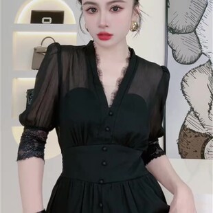 黑色气质高级感雪纺裙女夏季V领收腰显瘦蕾丝拼接时尚性感连衣裙