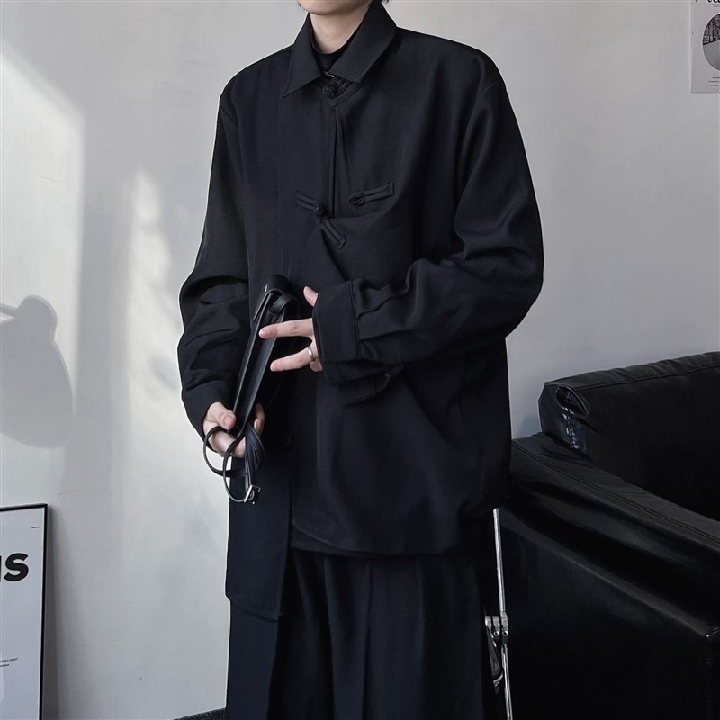 2022春小众改良新中式盘扣翻领长袖男女款衬衣个性暗黑休闲衬衫潮