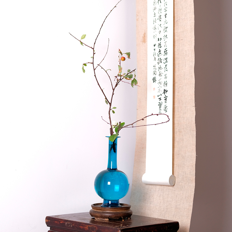 雀蓝色花瓶玻璃净瓶仿宋瓶仿古文人水培花器古典中式插花器皿空间