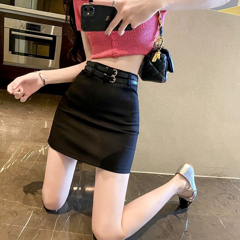 白色高腰包臀短裙女2025夏紧身弹力显瘦性感半身裙腰带一步裙子黑