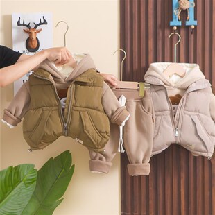 男童冬装套装儿童加绒加厚卫衣马甲三件套1一3岁宝宝洋气保暖童装