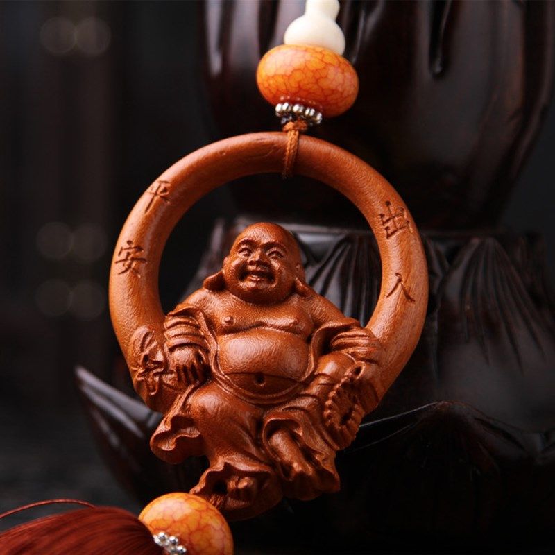 逍遥佛汽车挂摆饰挂件笑佛弥勒佛高档桃木车内饰用品精品车饰摆件
