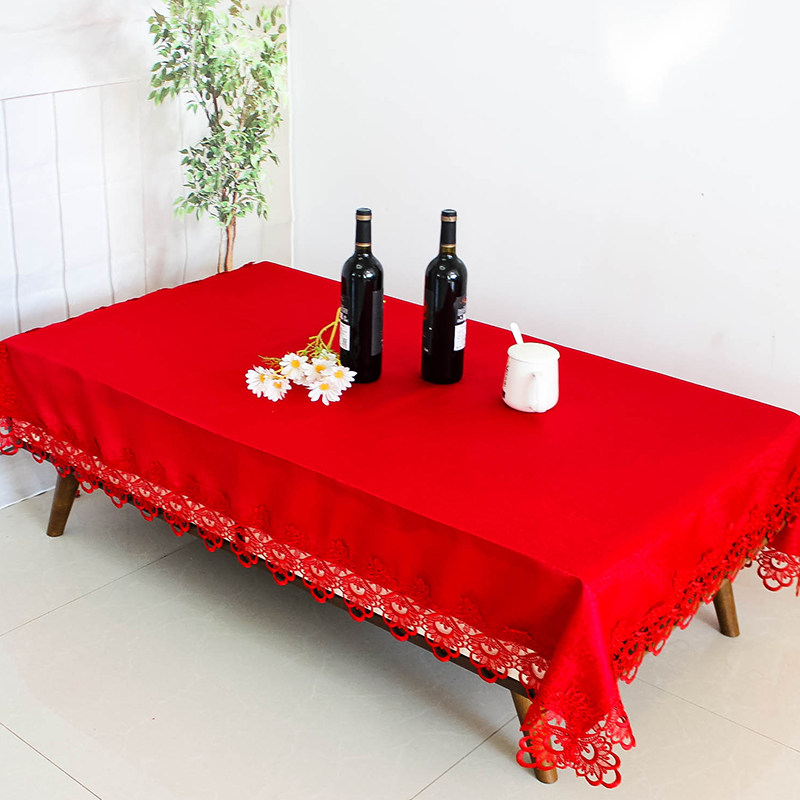 大红色喜庆蕾丝餐桌布艺结婚庆长方形饭桌茶几正方万能盖巾防尘罩