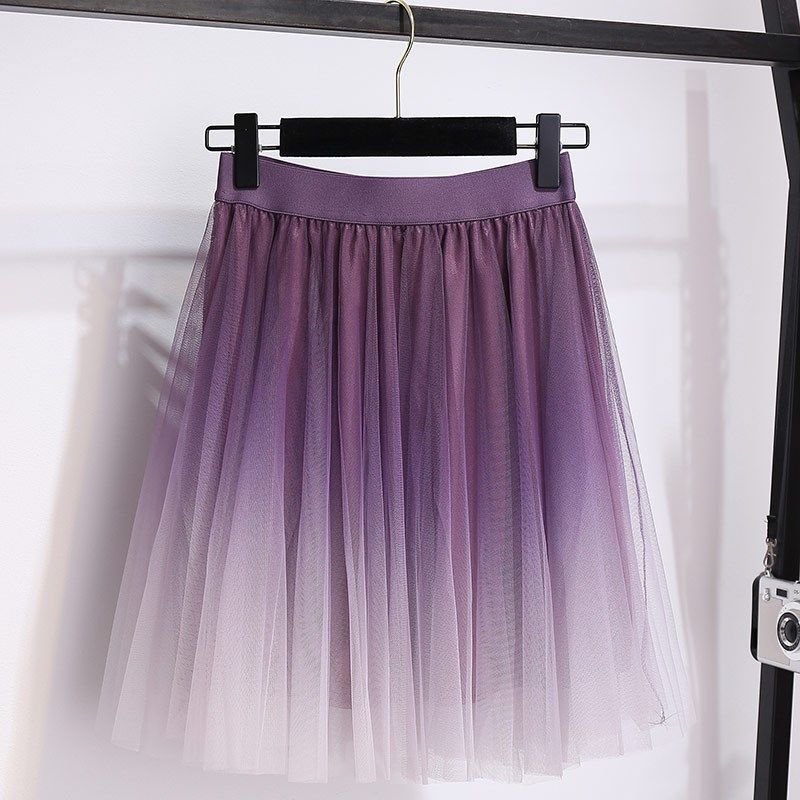 网纱半身裙短裙2025夏季新品女星空渐变裙纱裙双层弹力腰a字半裙