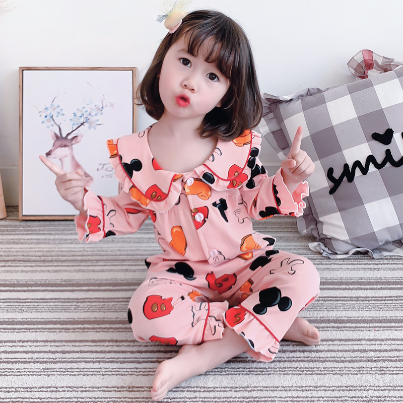 儿童纯棉女童睡衣春秋季长袖宝宝开衫中大童小童小孩子家居服套装