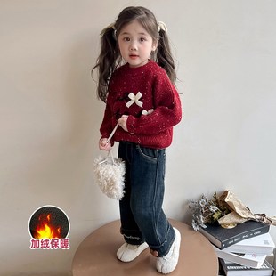 冬装 儿童直筒加绒牛仔裤 子女童长裤 女小童烟管加厚裤 外穿 2024新款