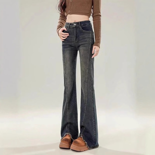 高腰显瘦设计感百搭毛边马蹄裤 美式 新款 女春季 复古微喇开叉牛仔裤