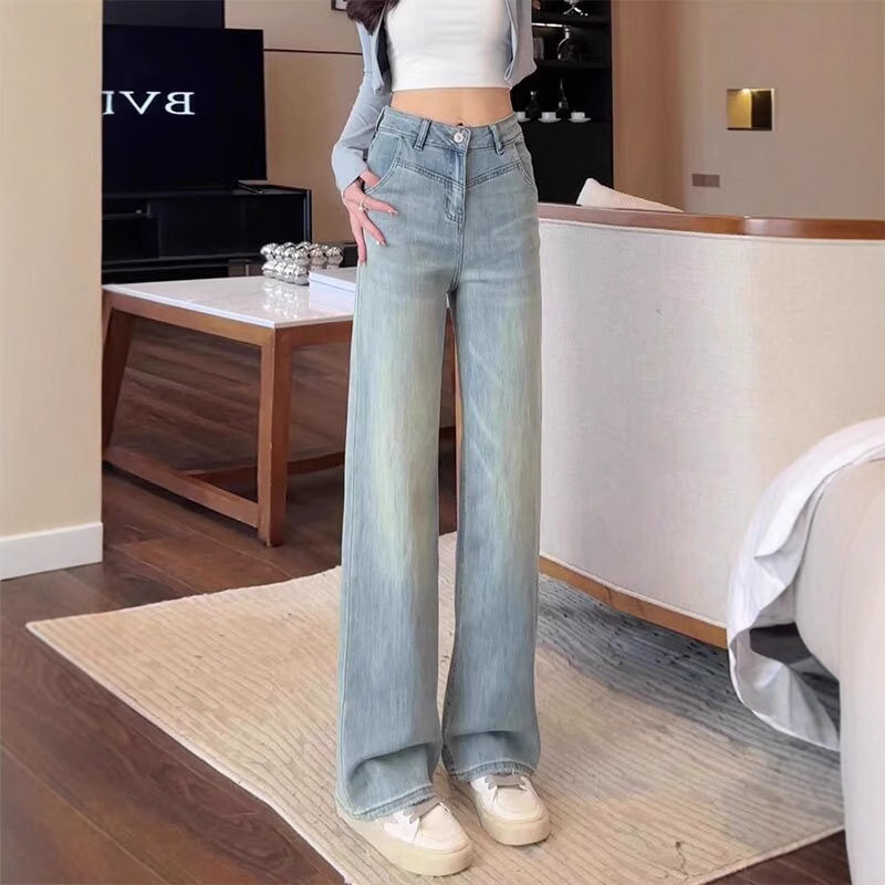 浅色阔腿牛仔裤女梨形身材春季新款小个子宽松显瘦垂感直筒长裤子