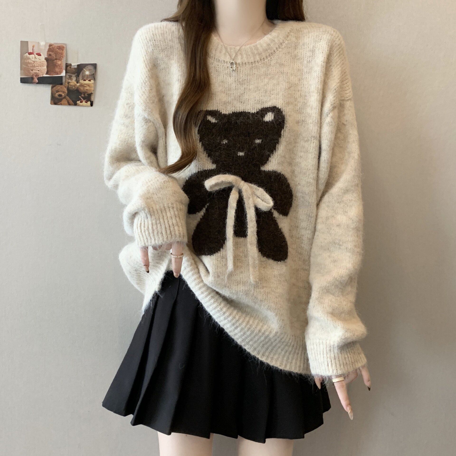 韩版慵懒风卡通小熊蝴蝶结针织毛衣女秋宽松显瘦加厚软糯上衣潮