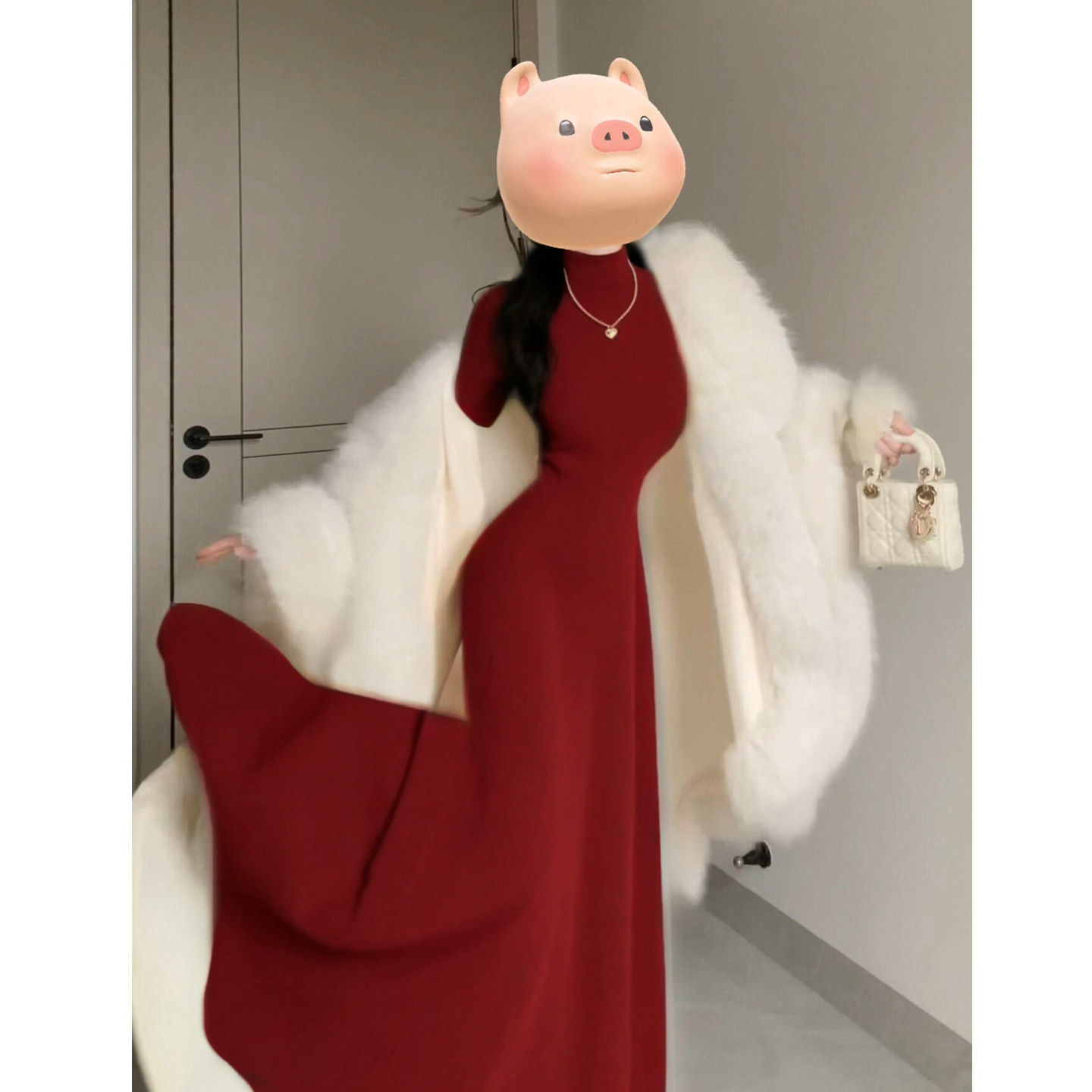 红色修身高领长款裙子女秋季大衣内搭打底轻奢高级感针织连衣裙