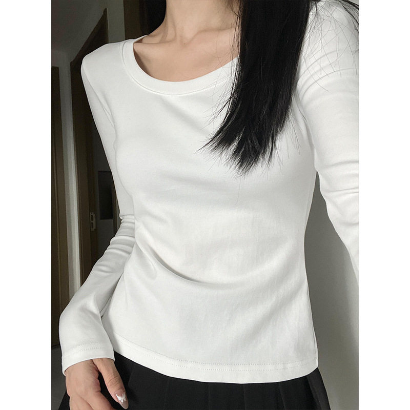 基础款U领内搭长袖白色T恤女2026春季正肩显瘦修身上衣打底衫百搭